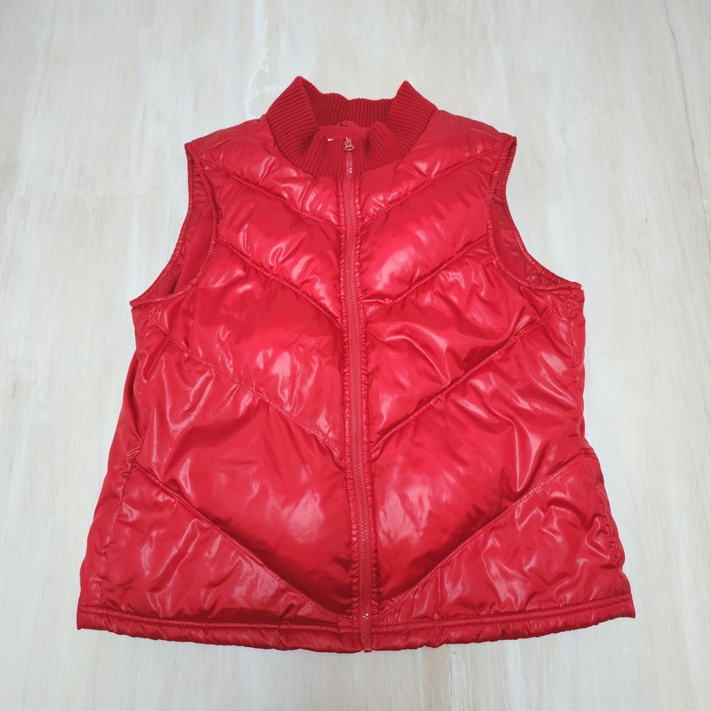 Vintage Old Navy Red Chevron Puffer Vest Womens XL Fleece Lined Full Zip Mock